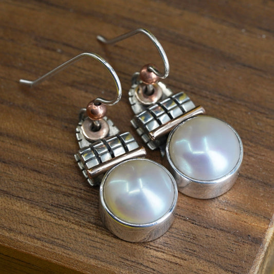 designer two tone sterling silver earrings, 925 dangle with 14K accent pearl