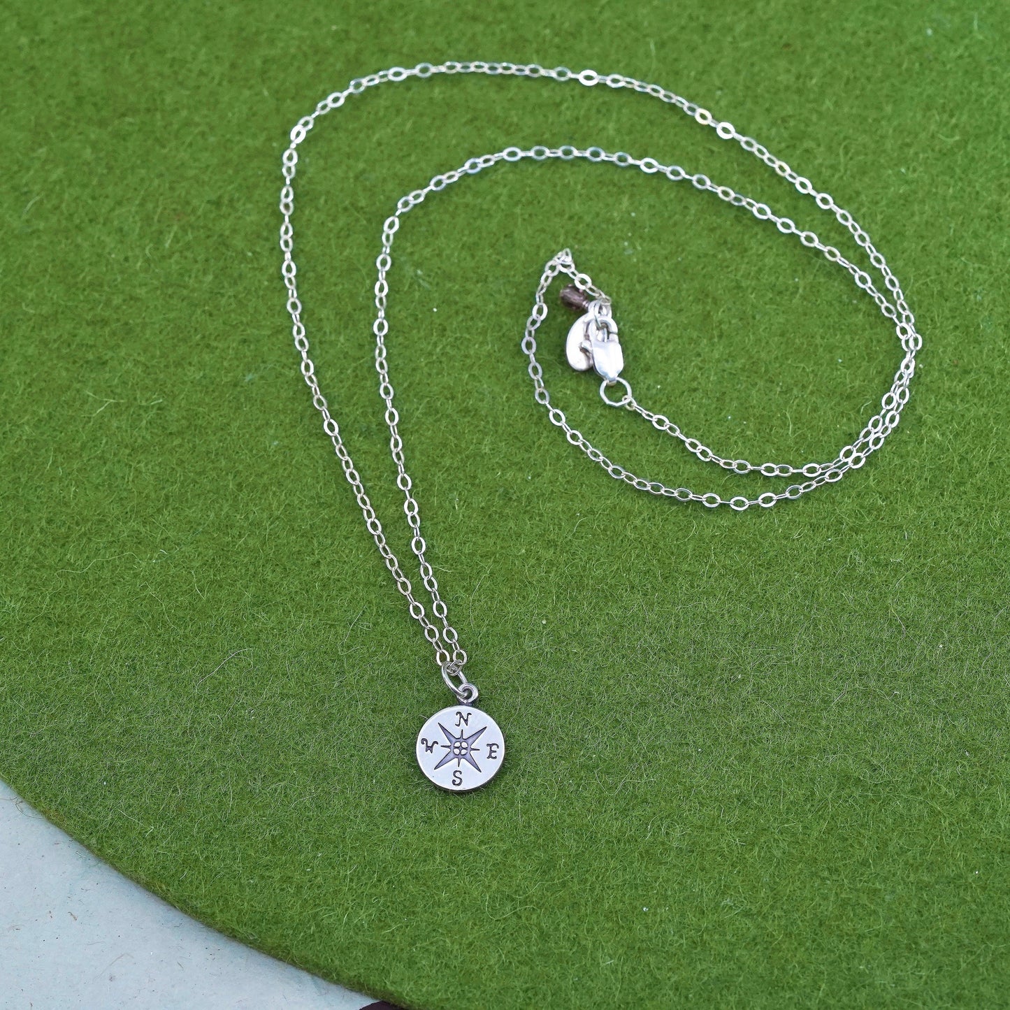 18”, sterling silver necklace, 925 flatten circle chain with compass pendant
