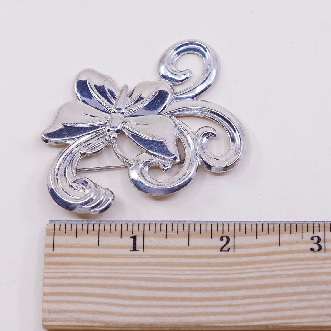 vintage Sterling silver handmade brooch, 925 silver butterfly pin with swirl, silver tested