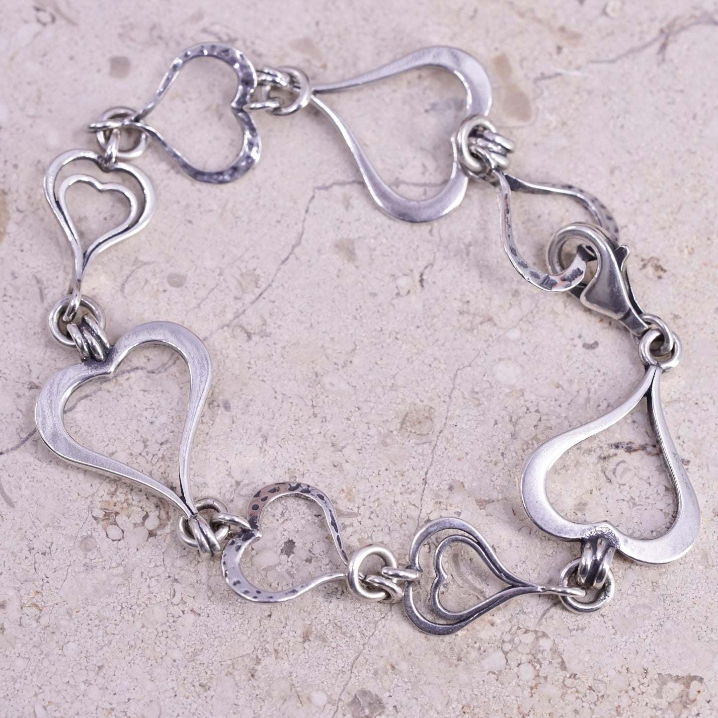 7.25”, vintage Sterling 925 silver handmade chain bracelet with heart links