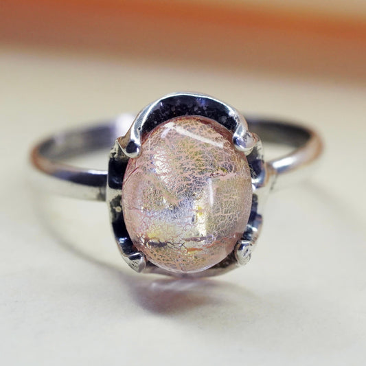 Size 8, vintage Mexican sterling 925 silver statement ring orange foiled glass
