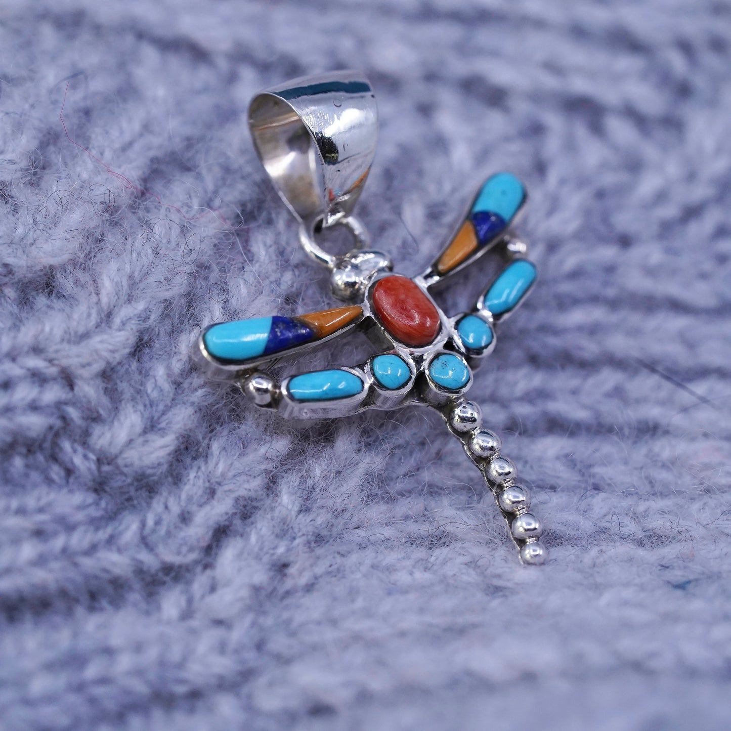Native American Navajo Sterling silver pendant, 925 dragonfly turquoise coral
