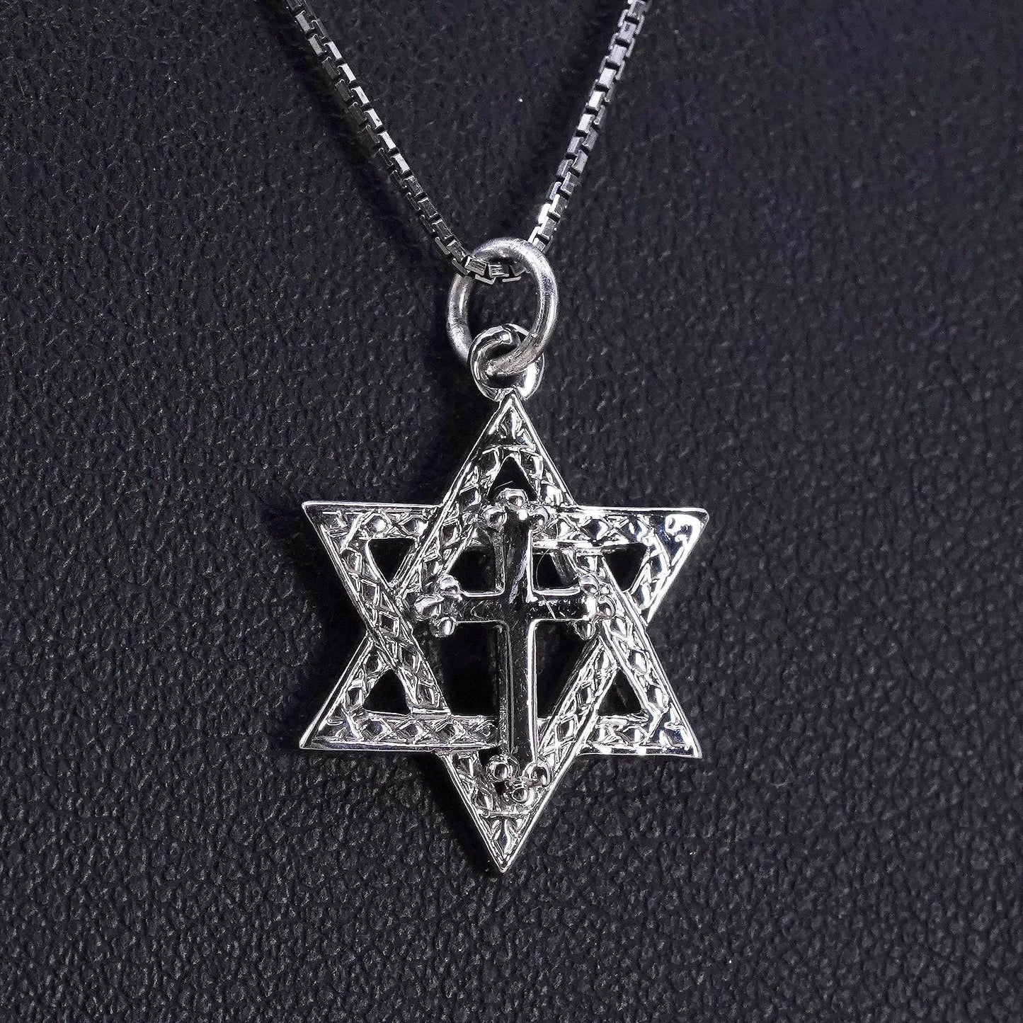 18” Sterling 925 silver box chain necklace hexagram Star of David cross pendant