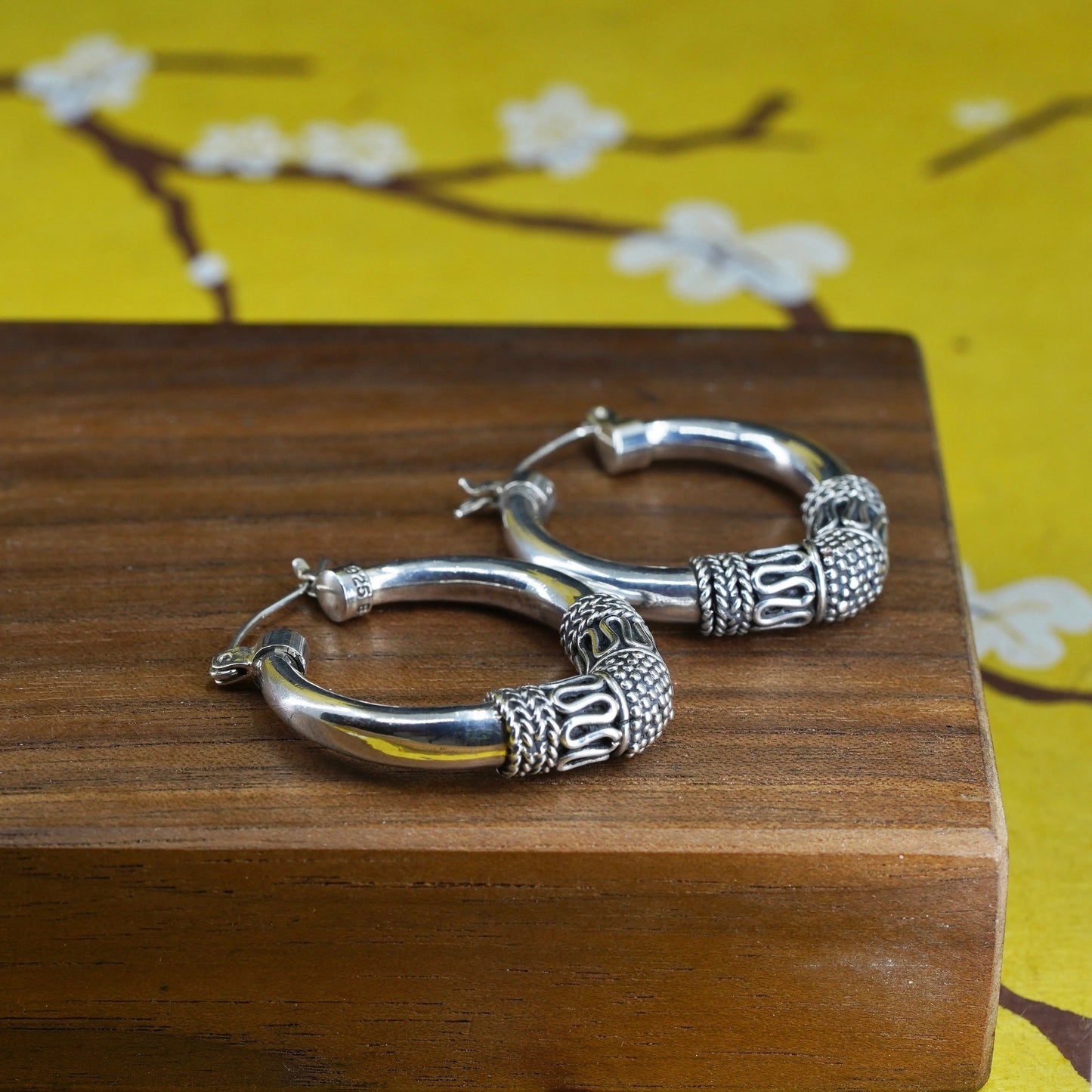 1.25”, Vintage BA Suarti Sterling silver handmade earrings, 925 textured hoops