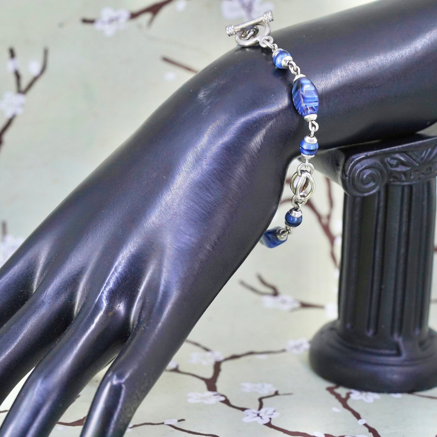 6.5”, Vintage Mexican sterling 925 silver bracelet with blue tiger eye nuggets