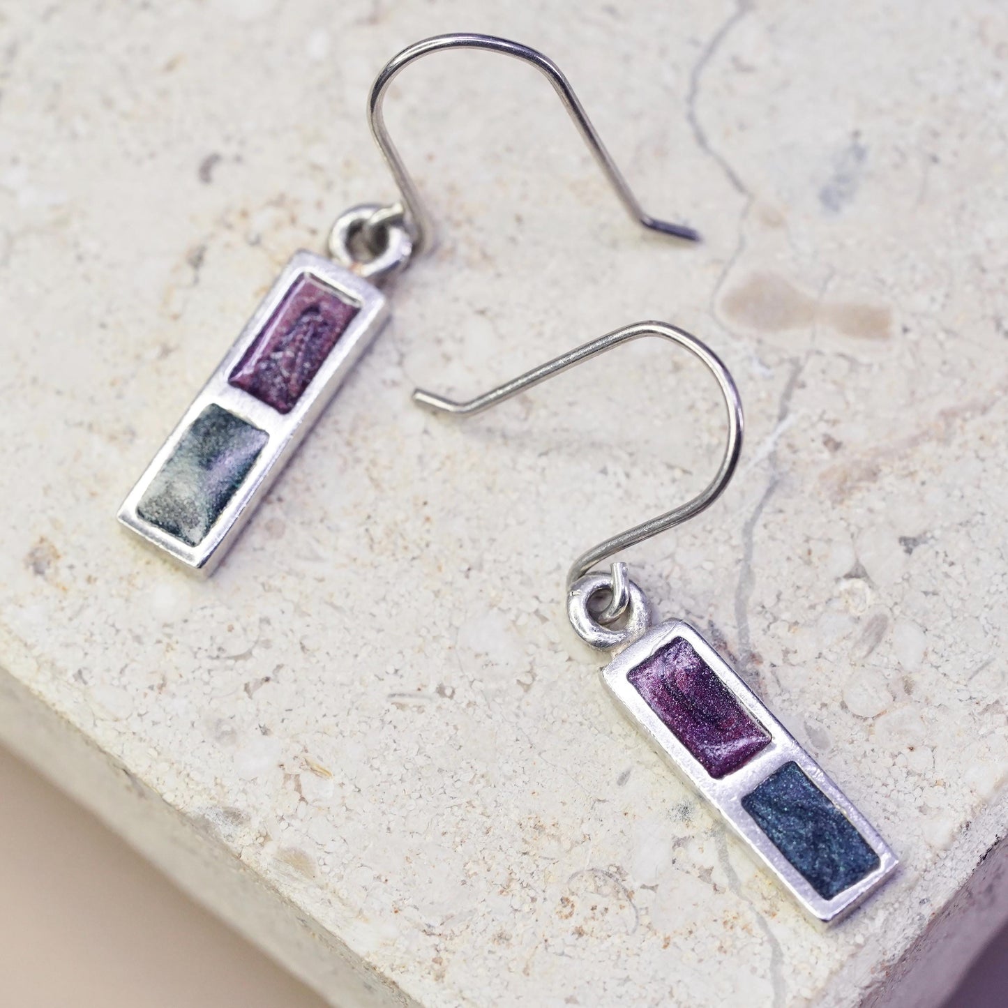 vintage sterling silver 925 rectangular earrings with enamel inlay