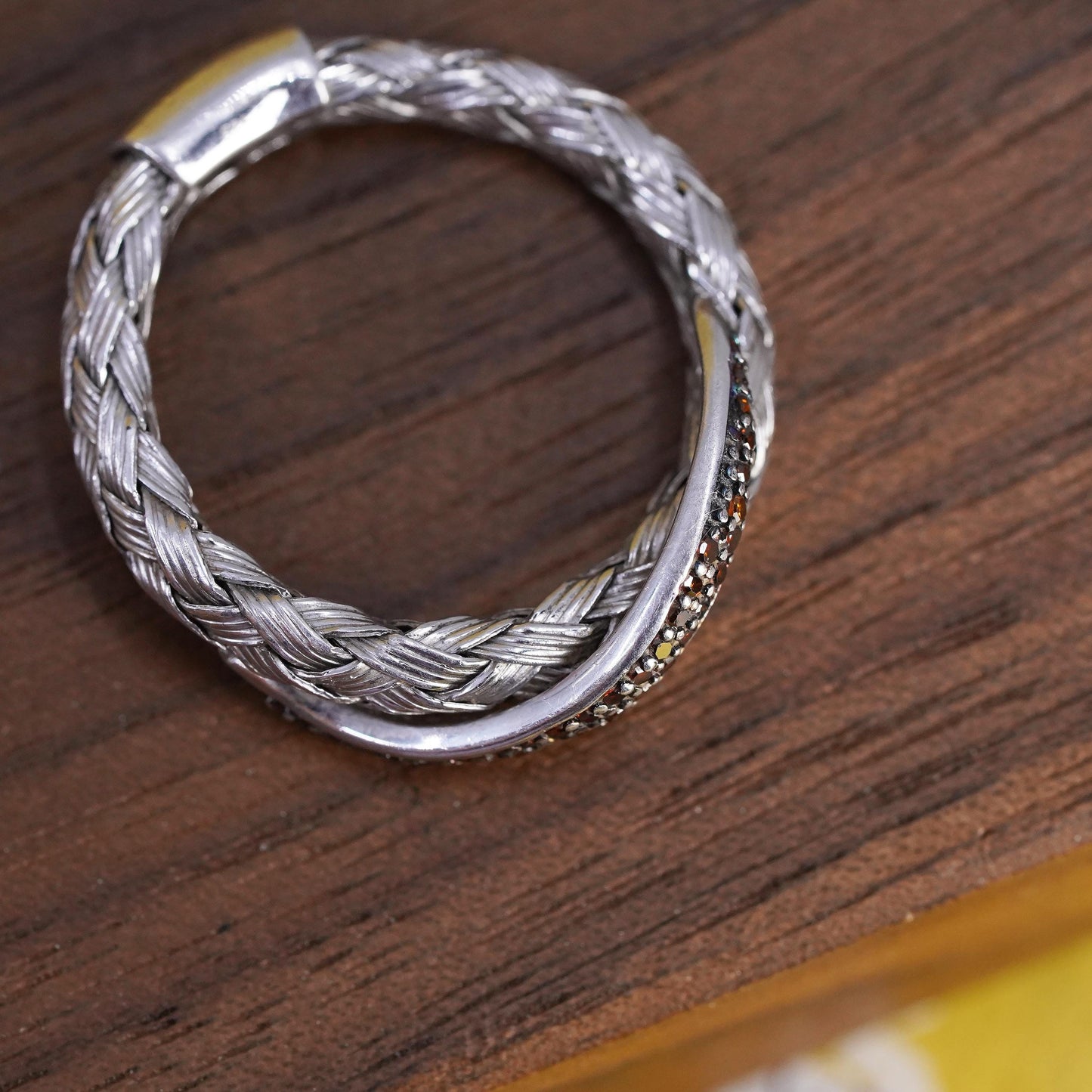 Size 7.5, Designer JS Sterling 925 silver woven braided ring cluster citrine