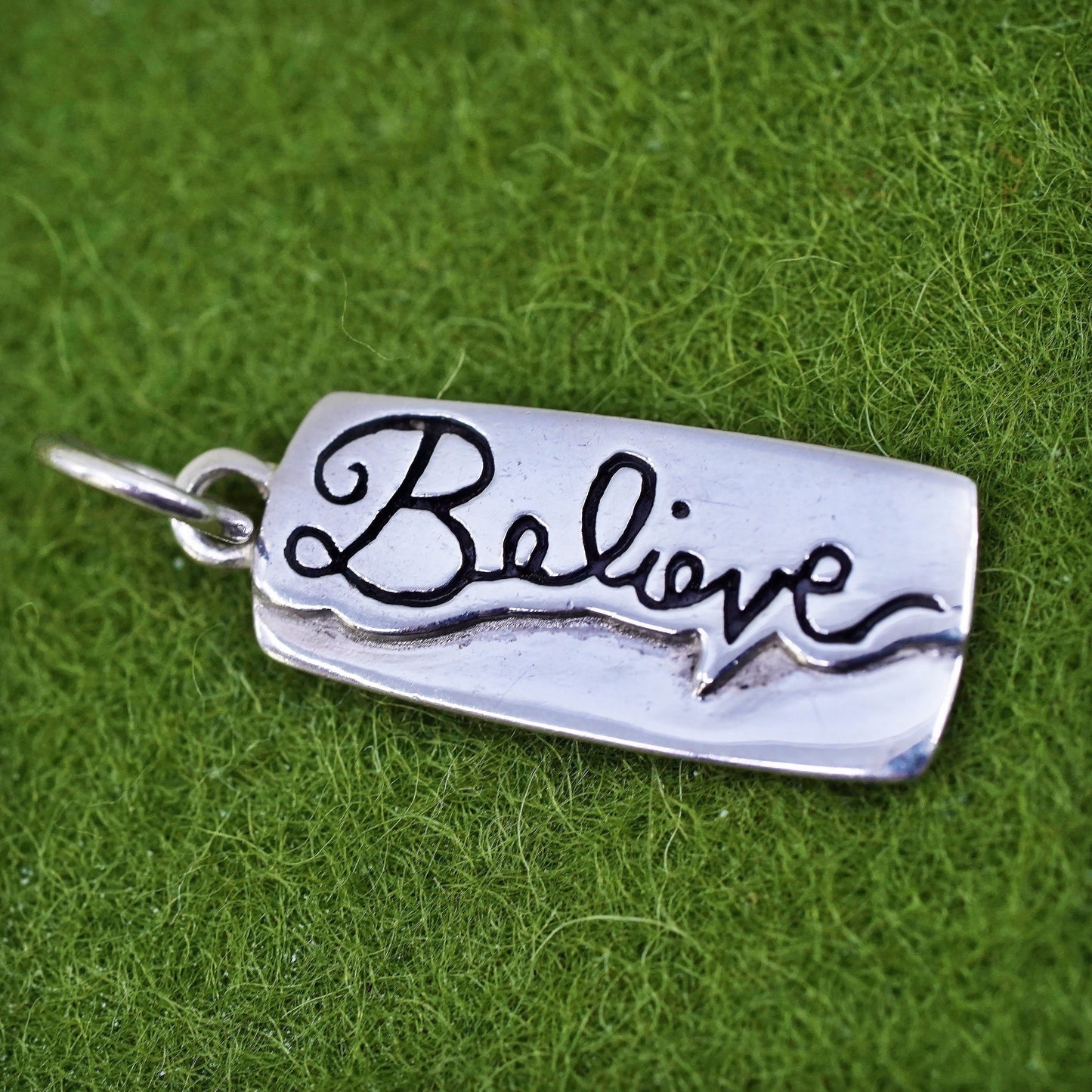 Vintage sterling silver charm, 925 silver tag with "believe" embossed