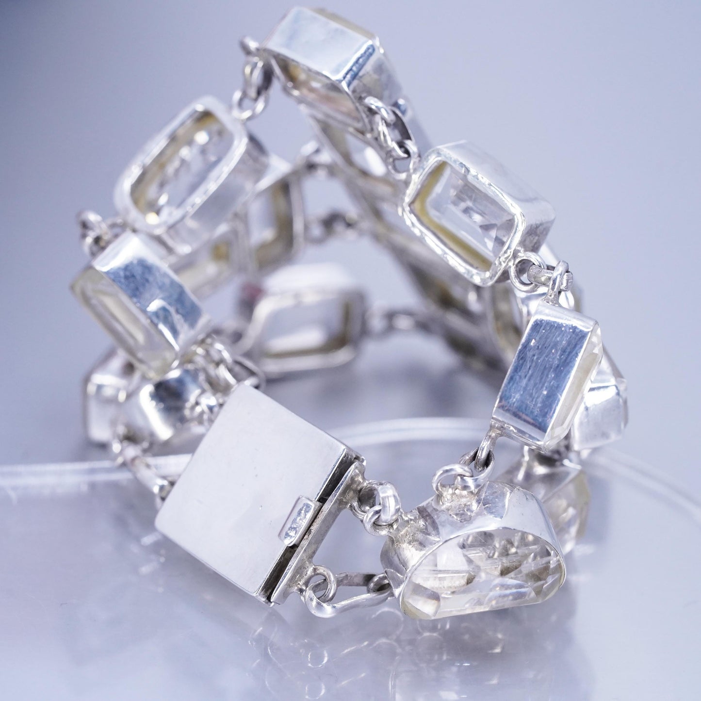 6.75”, vintage Sterling 925 silver handmade bracelet with clear crystal beads