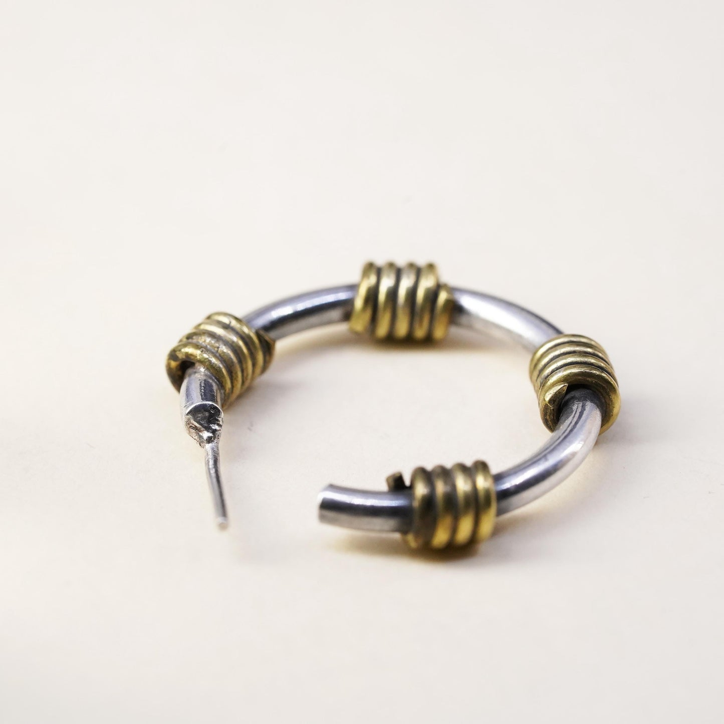 1", Vintage two tone sterling silver single earring, hoop stud with brass wired