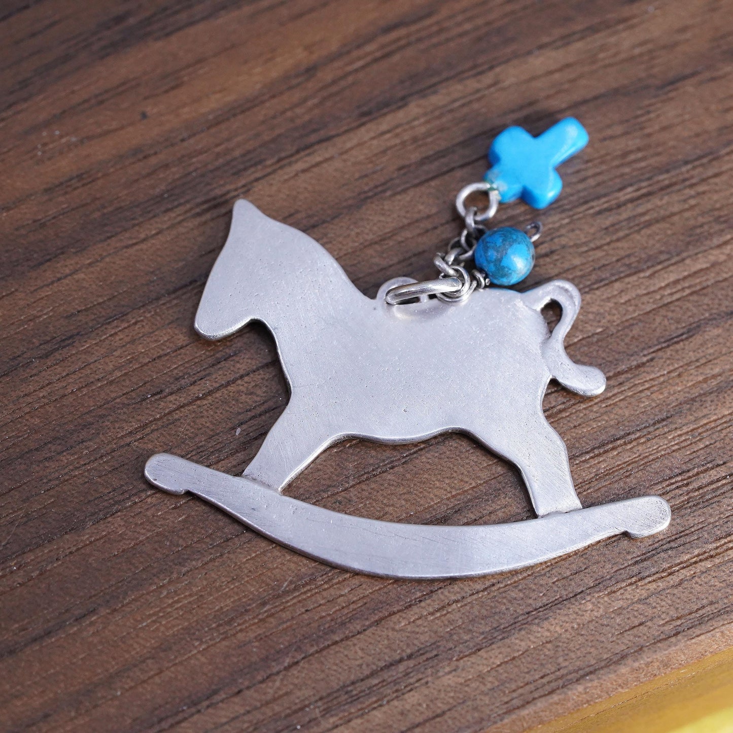 925 Sterling Silver Rocking Horse Pendant Turquoise Cross Charm, Nursery Horse