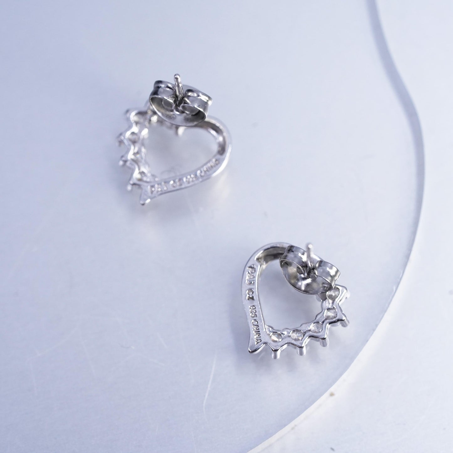 Vintage Sterling 925 silver handmade heart earrings, studs with cz