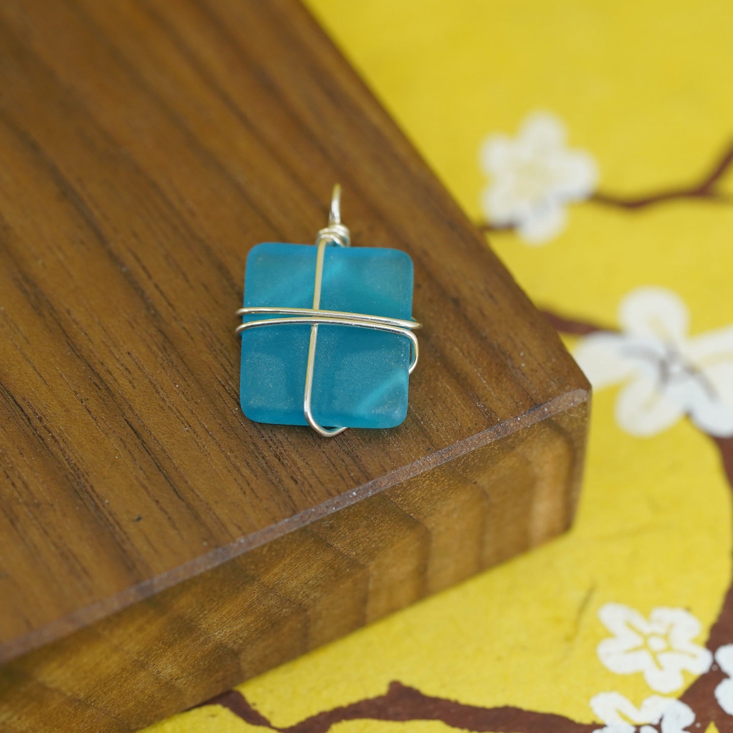 Vintage Sterling 925 silver handmade pendant with sea washed blue glass, unique