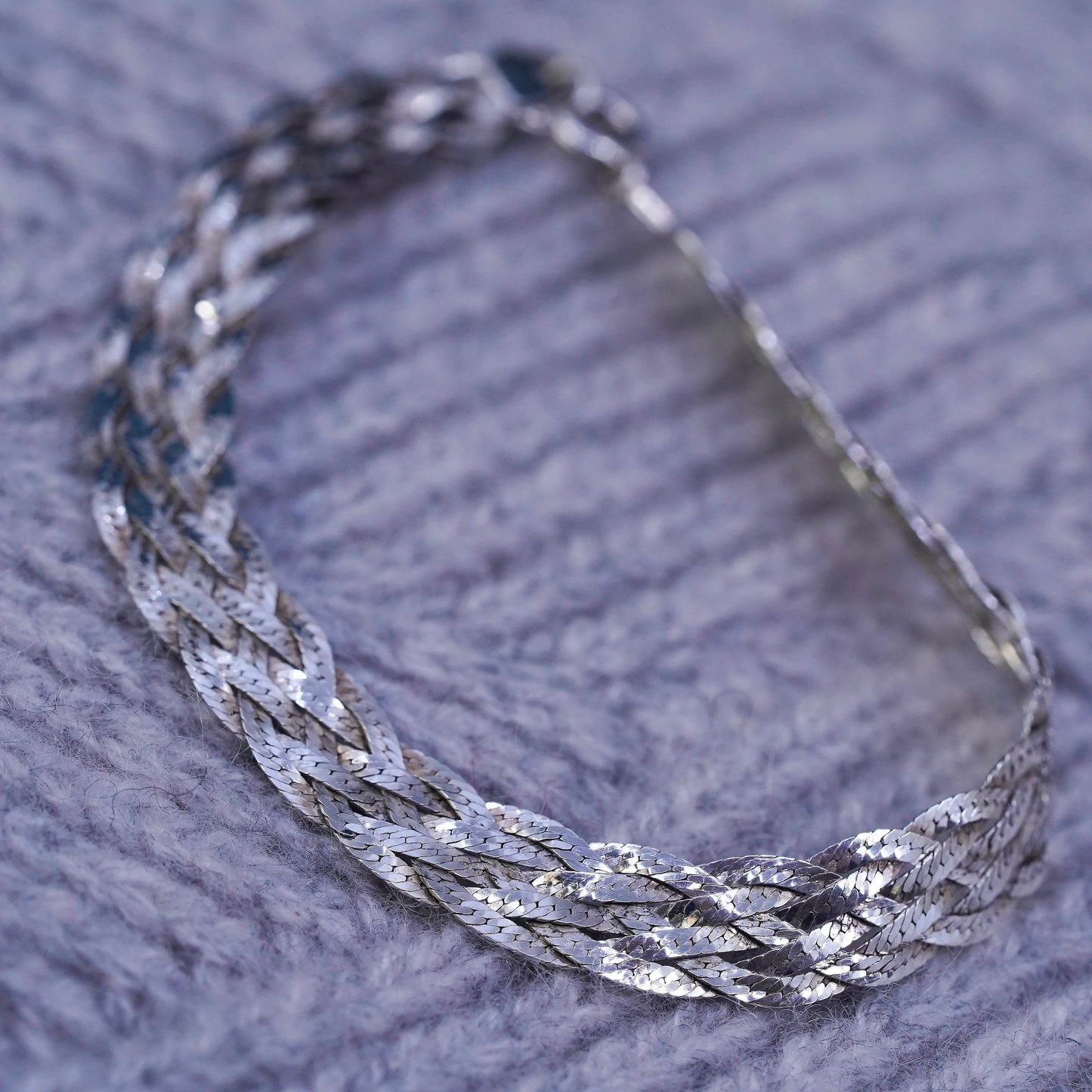 7", 8mm, vintage Sterling silver bracelet, textured 925 herringbone woven chain