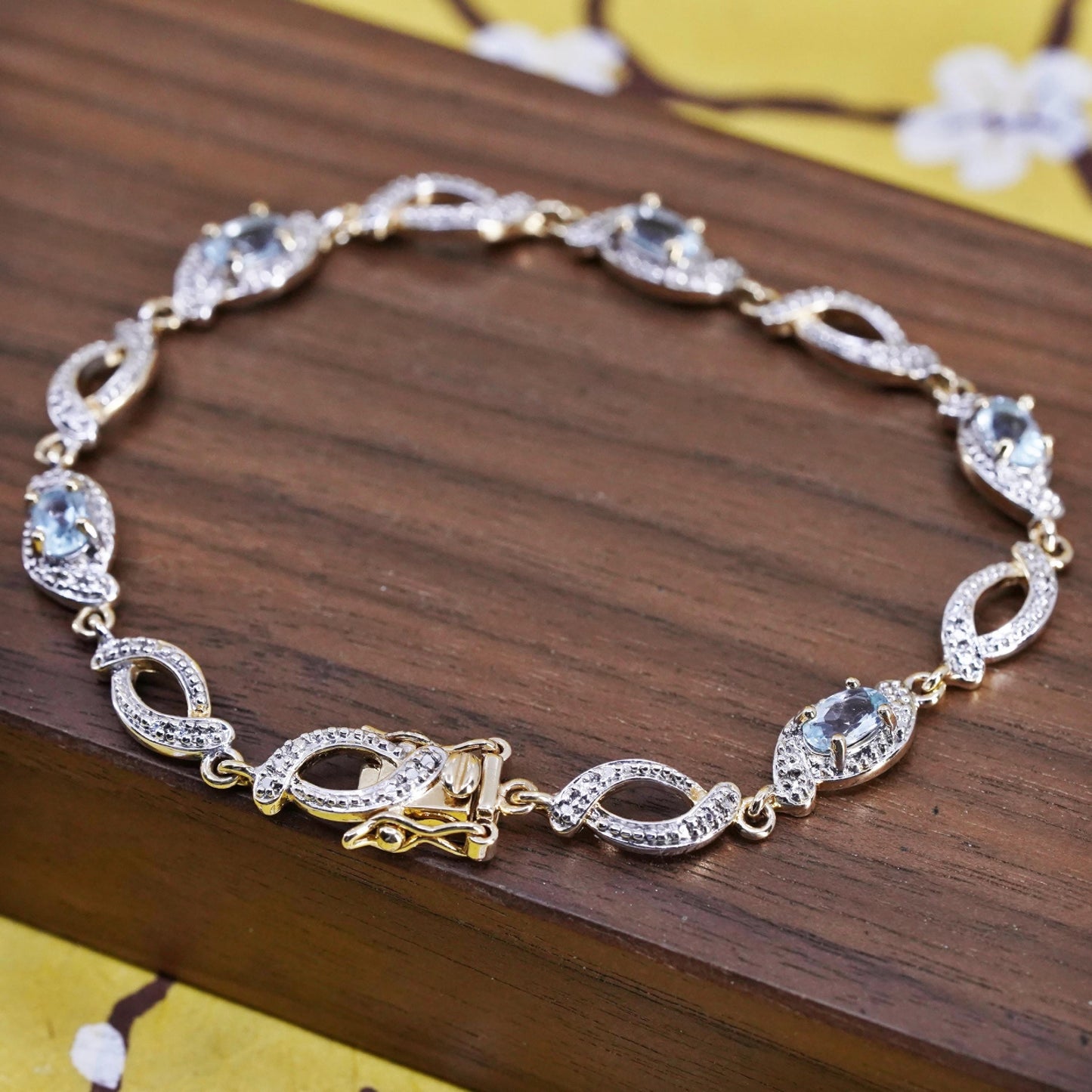 7”, vermeil gold over Sterling silver tennis bracelet, 925 chain topaz diamond