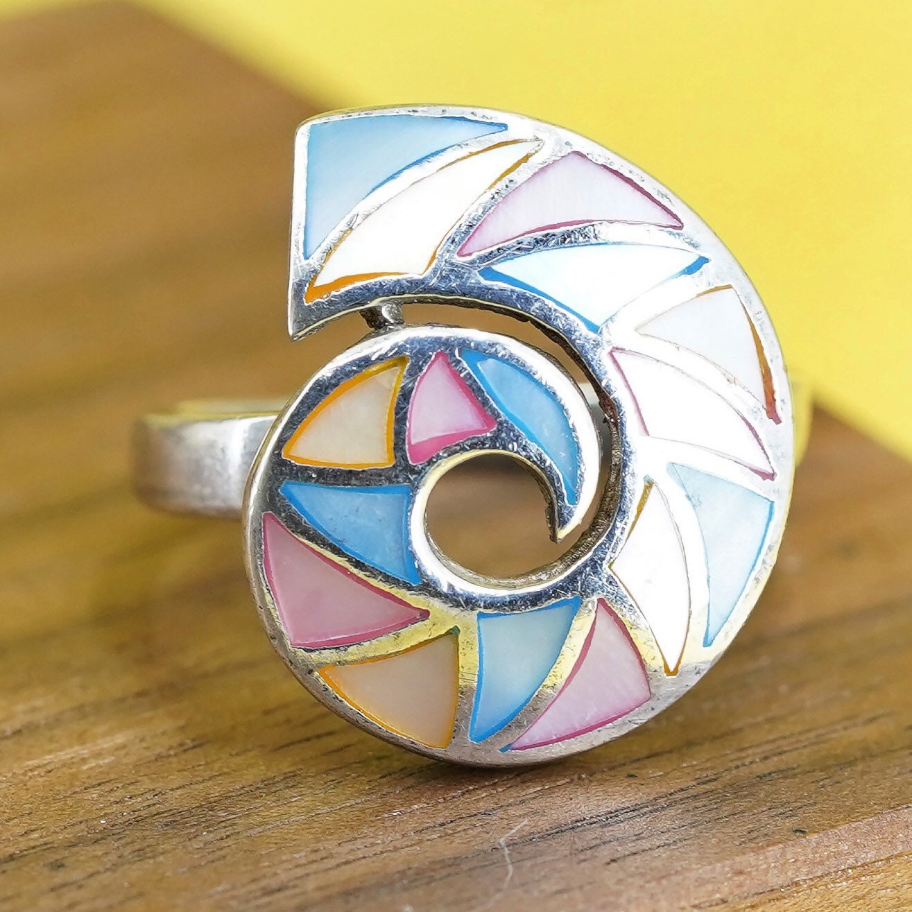 Size 8.5, Sterling 925 silver handmade ring with pink and blue mother of pearl