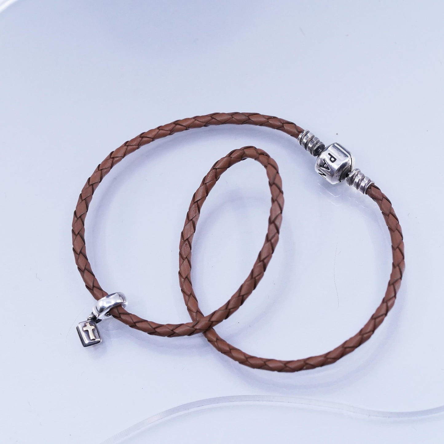 14”, Pandora 925 Sterling Silver brown braided Leather Necklace bible charm
