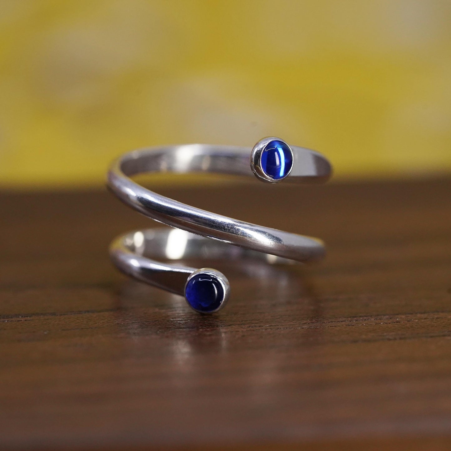 Size 3.75, Vintage Sterling silver handmade ring, 925 wrap band w/ blue crystal