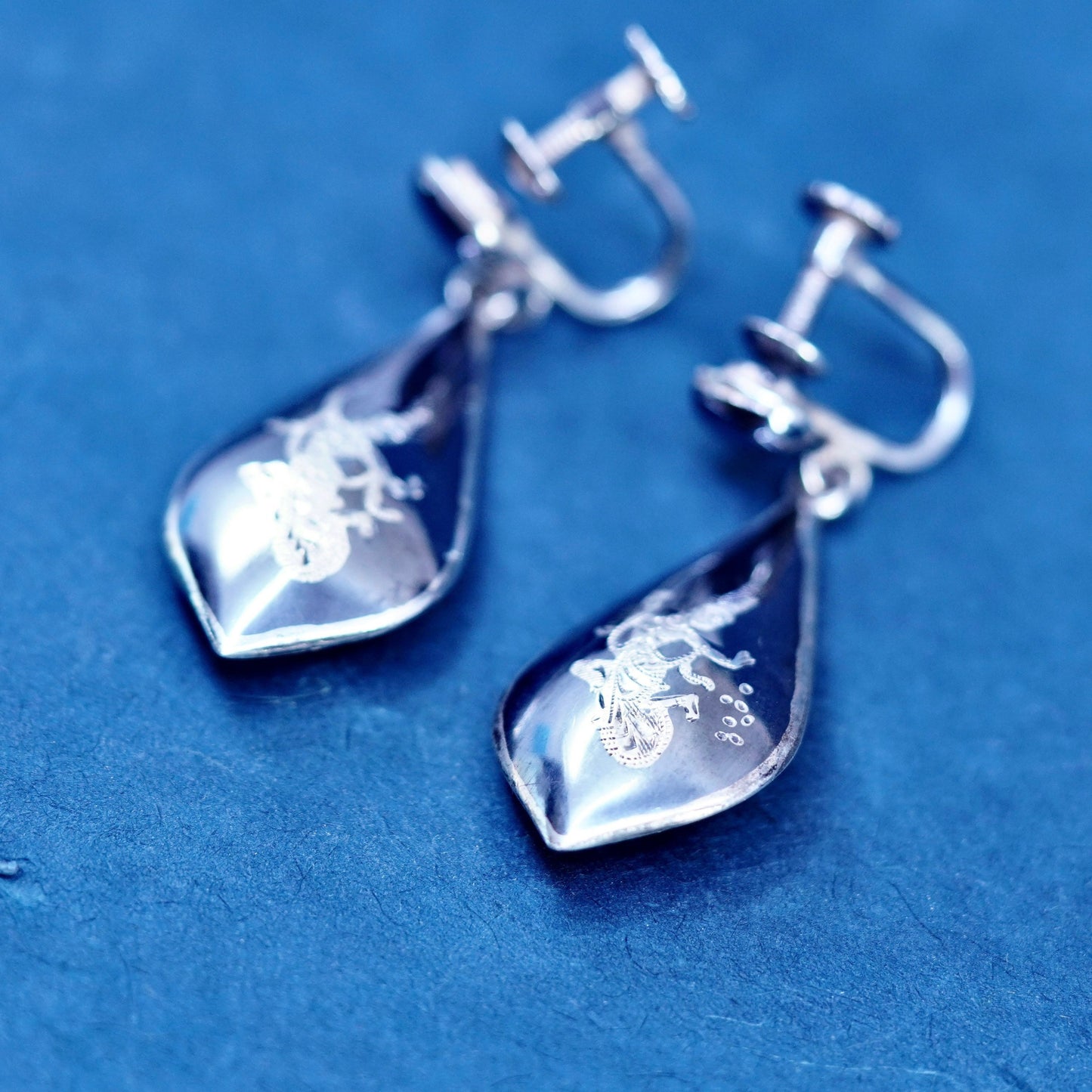 oxidized Sterling silver earrings, 925 screw back with Indian goddess teardrop