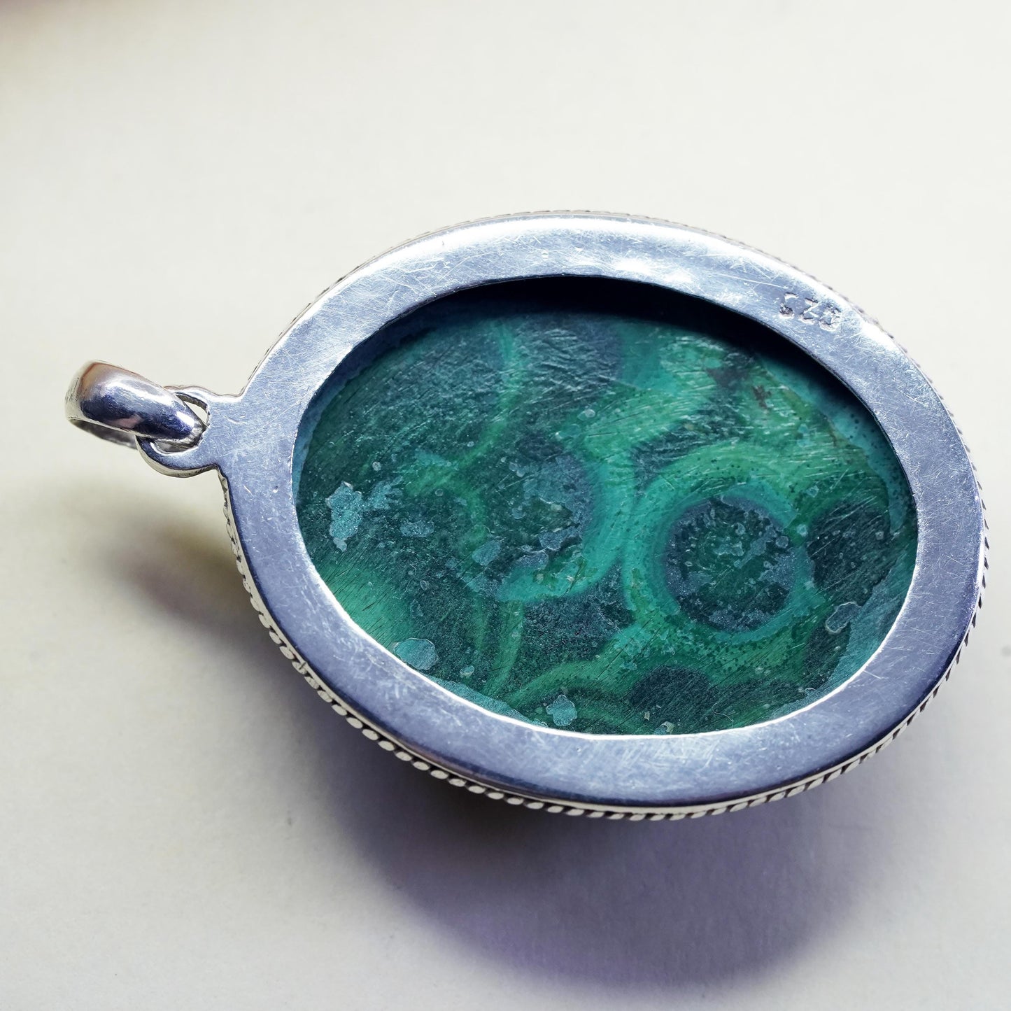 Vintage sterling 925 silver handmade huge pendant with oval dome malachite