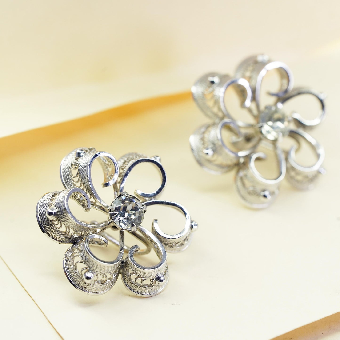 1950s sterling 925 silver earrings snowflake screw back earrings rhinestone