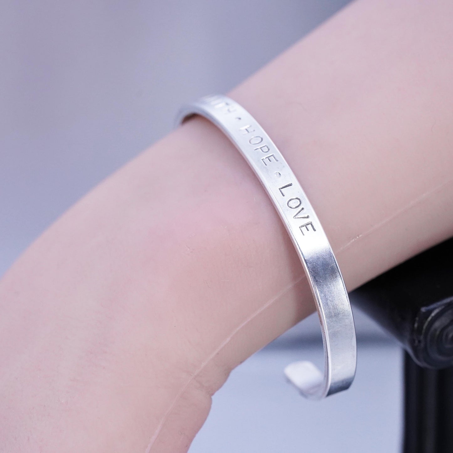 6.75”, southwestern Sterling 925 silver bracelet, quote cuff “faith hope love