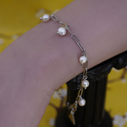 8” Sterling 925 silver elongated chain bracelet with freshwater pearl charms