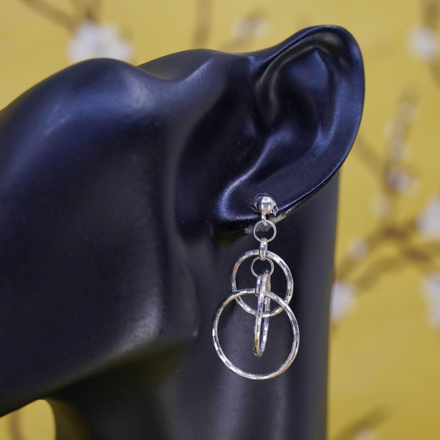 Vintage Sterling silver handmade earrings, textured 925 entwined circles dangle