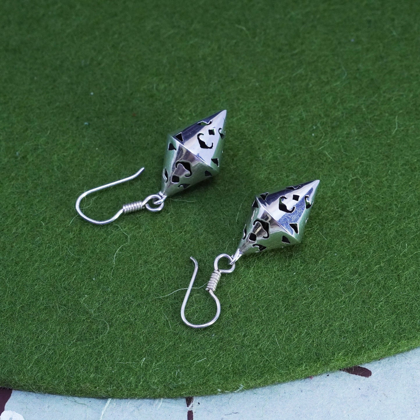 Vintage Sterling silver handmade earrings, textured 925 cone shaped dangles