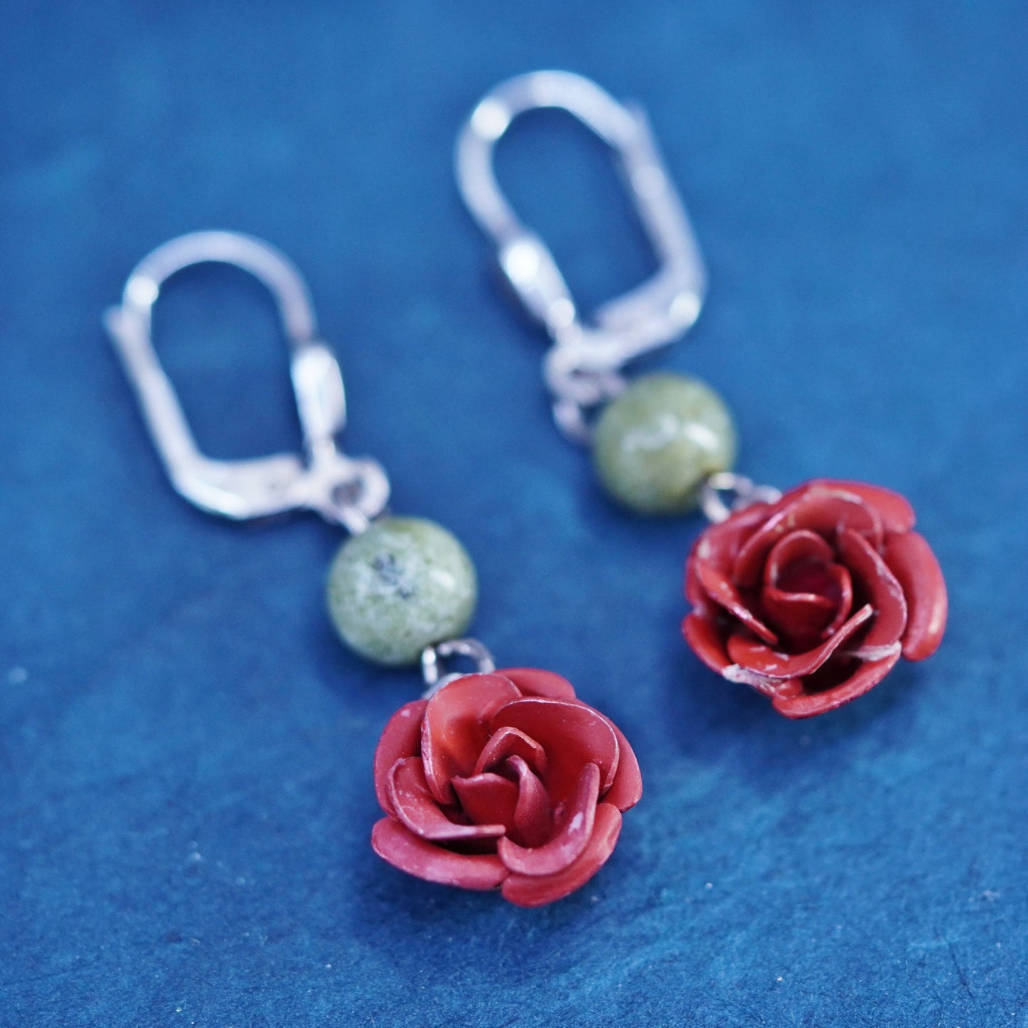 Vintage Sterling 925 silver handmade earrings jade bead and rose flower dangles