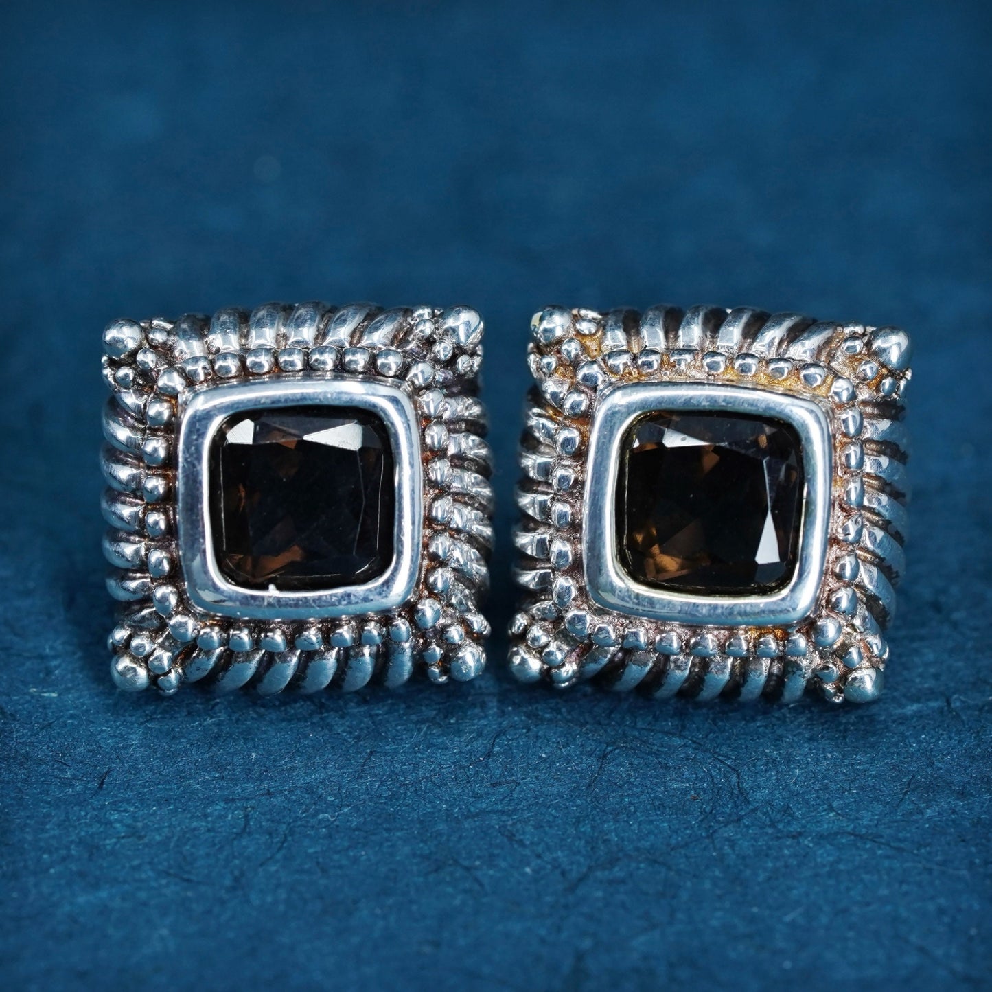 Vintage Sterling silver handmade earrings, 925 studs with smoky topaz