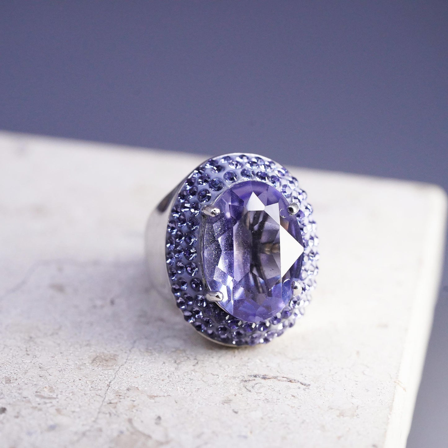 Size 7, vintage AU Sterling 925 silver Statement cocktail ring with amethyst Cz