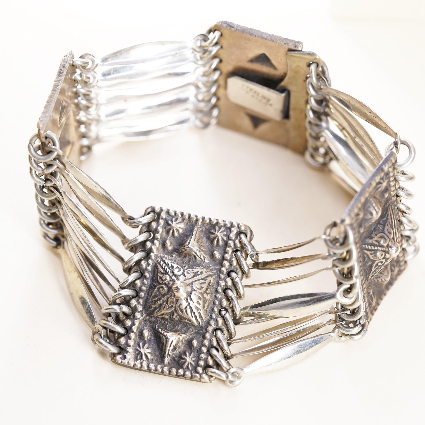 7”, Vintage Sterling 925 Silver Bracelet, Ornate Tribal, Multi Strand Cuff