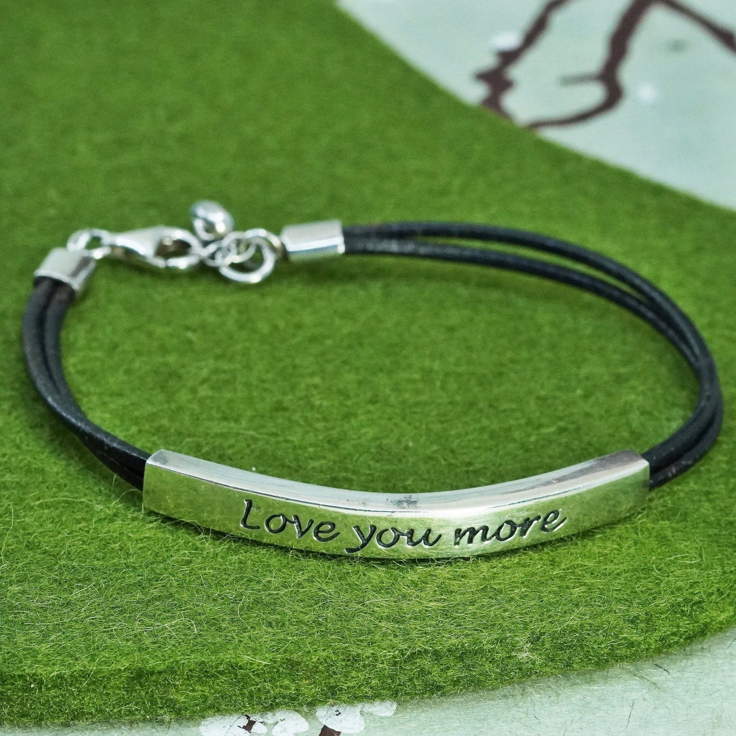 7.5”, black leather chain bracelet sterling 925 silver slide bar love you more