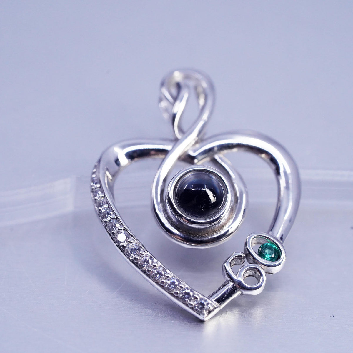 Vintage sterling 925 silver heart pendant Cz engraved I love you multi language