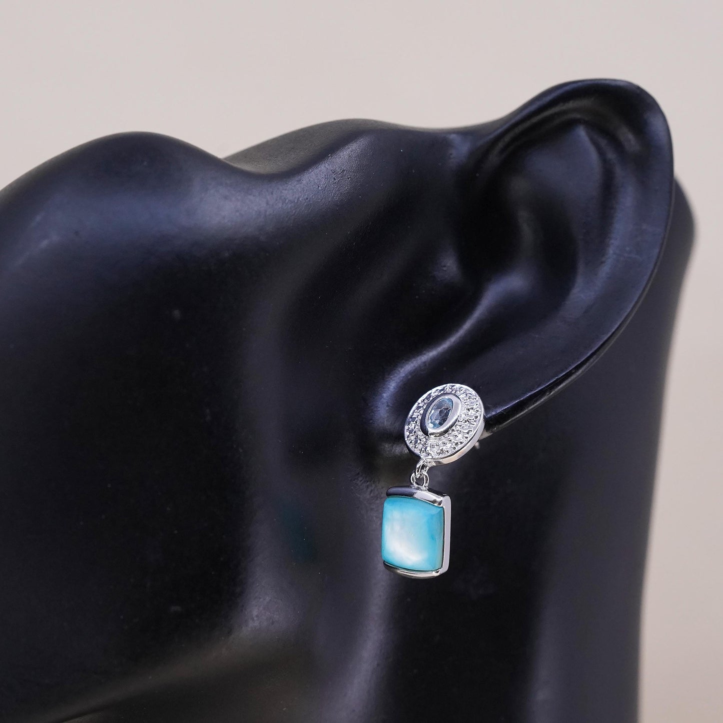 Vintage sterling 925 silver handmade single earring w/ blue mother of pearl cz