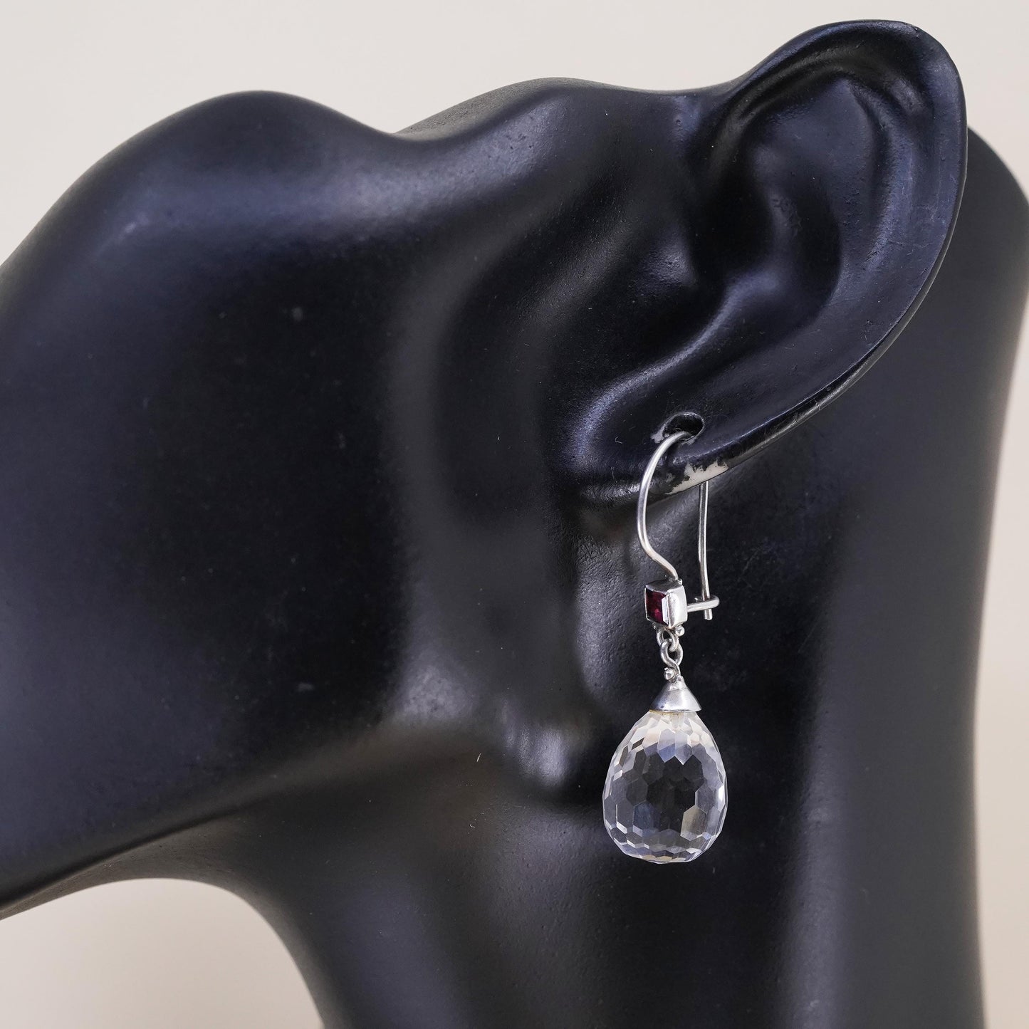 Vintage sterling silver 925 earrings with teardrop crystal drops ruby details