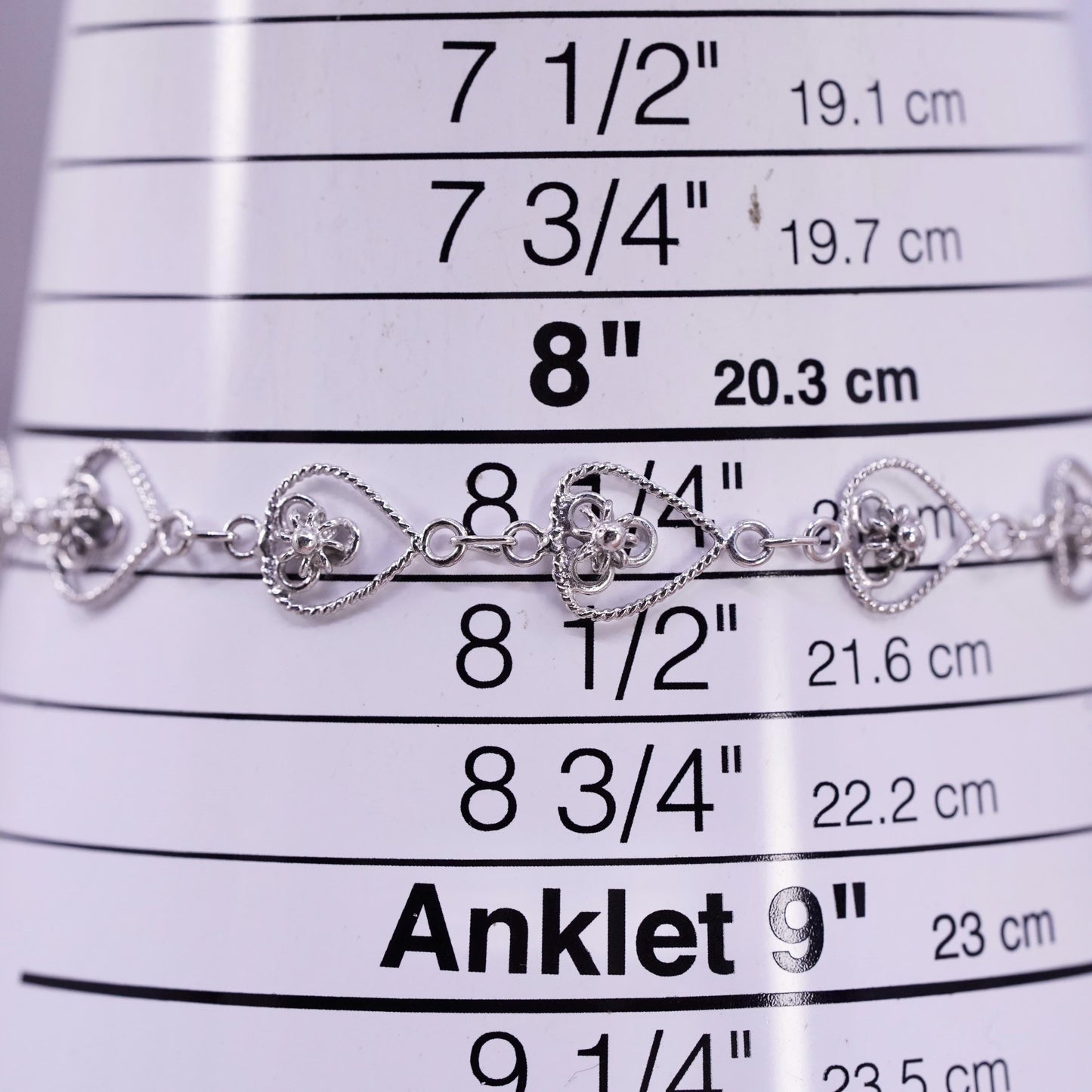 8.25", vintage sterling silver handmade bracelet, 925 filigree heart bracelet