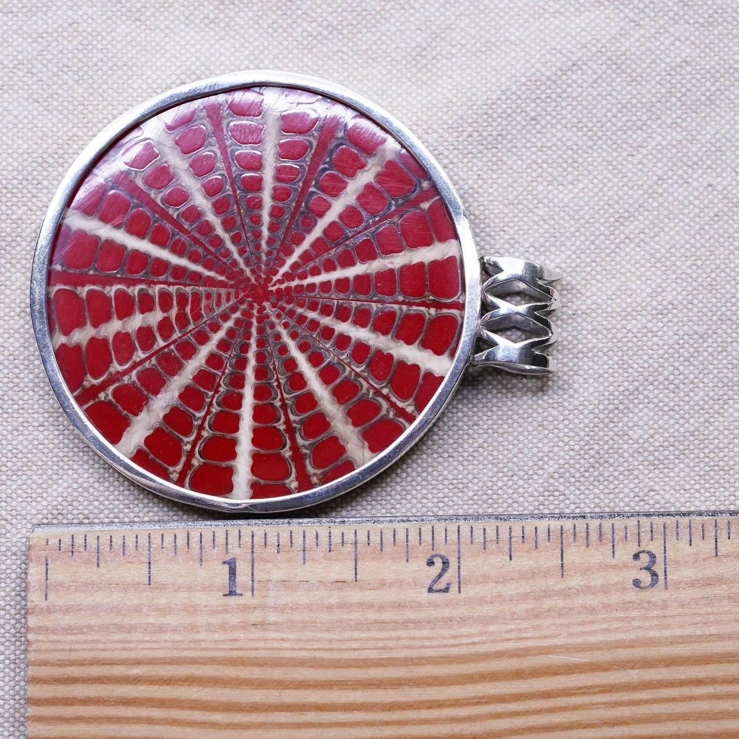 Vintage Sterling silver handmade pendant, 925 frame with red fossil shell