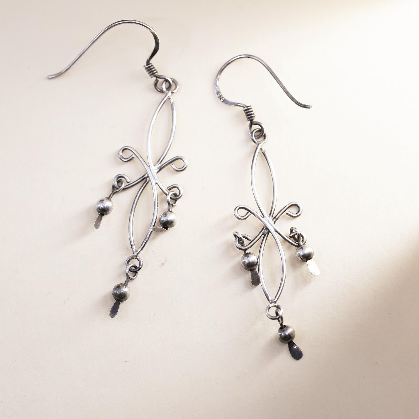 Vintage Sterling silver handmade earrings, 925 silver wired dangles