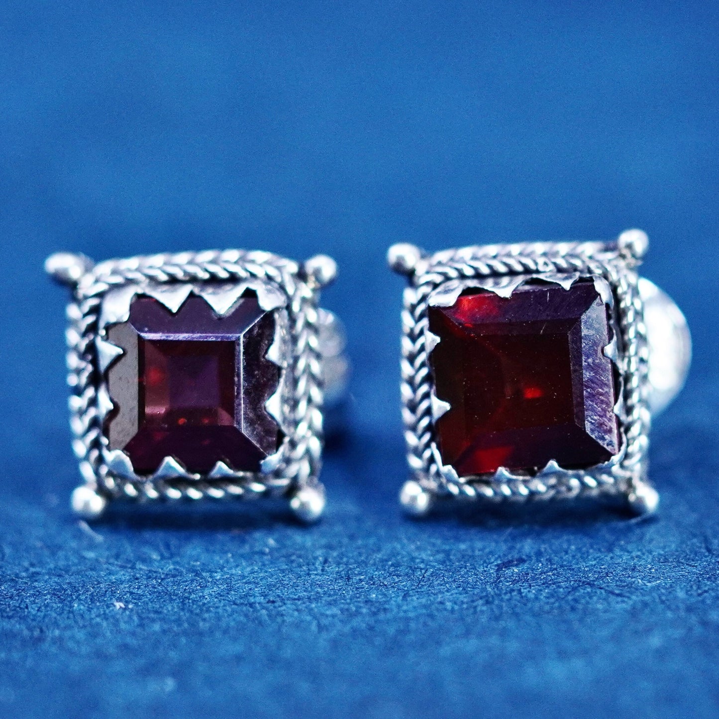 Vintage Sterling silver handmade earrings, 925 square studs with ruby