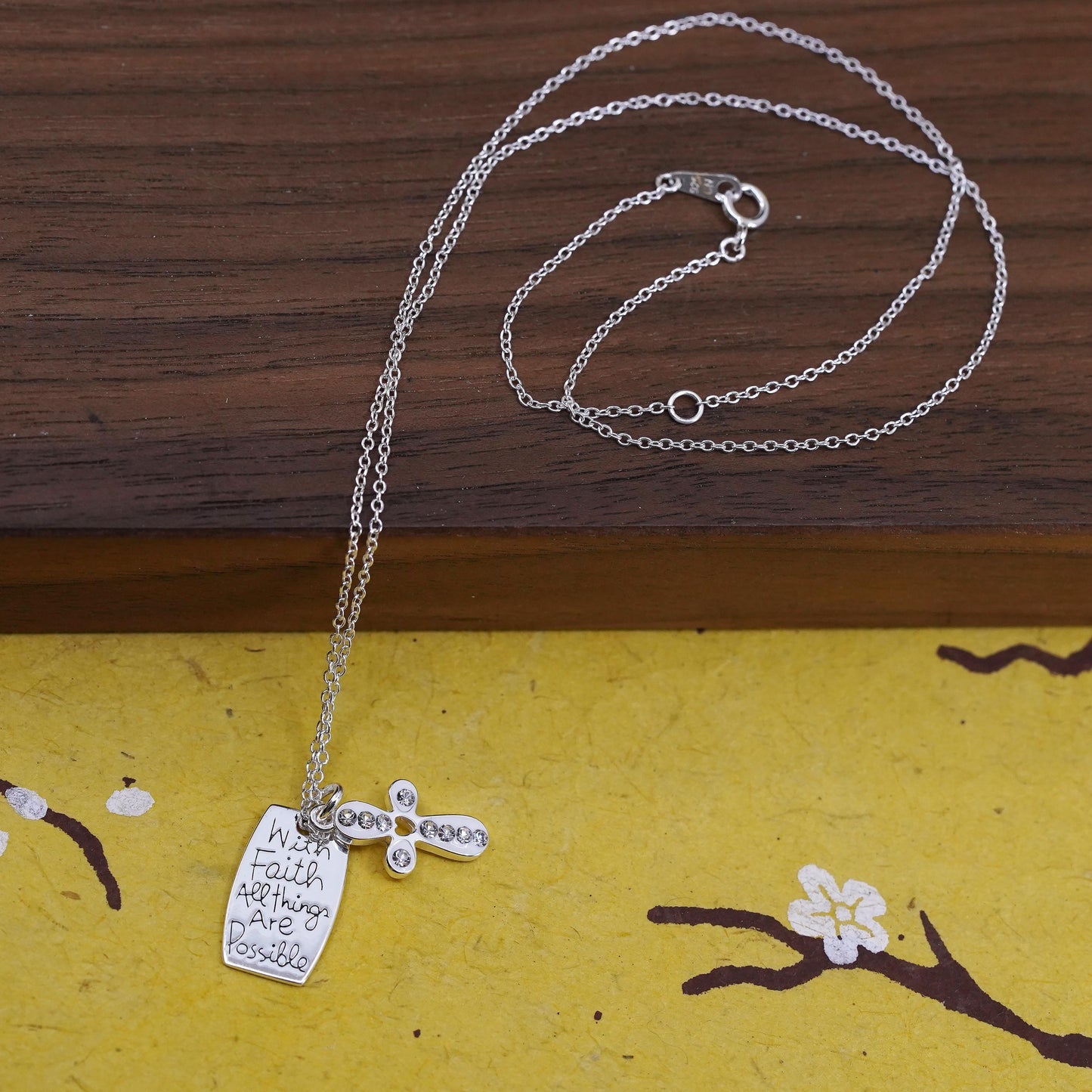 16+2”, Sterling silver necklace, 925 cross tag “all things are possible pendant