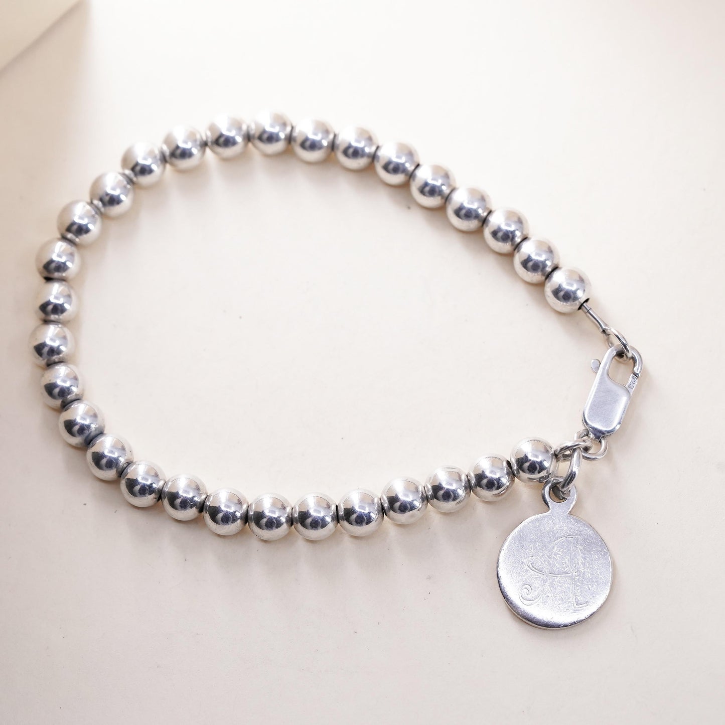 7” 5mm, Vintage sterling 925 silver bead bracelet tag charm engraved letter H