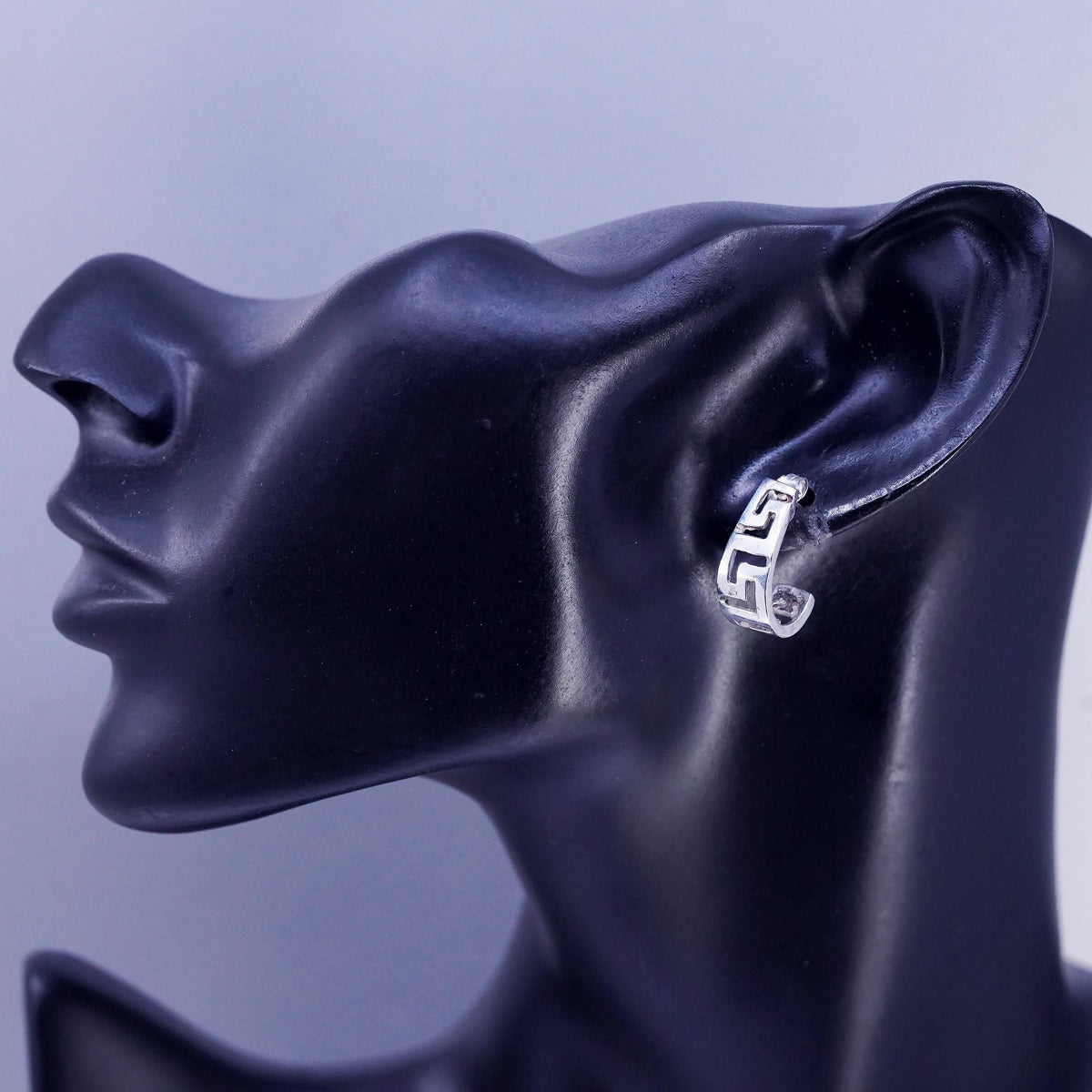 Vintage Sterling 925 silver handmade huggie studs earrings Greek key cut out
