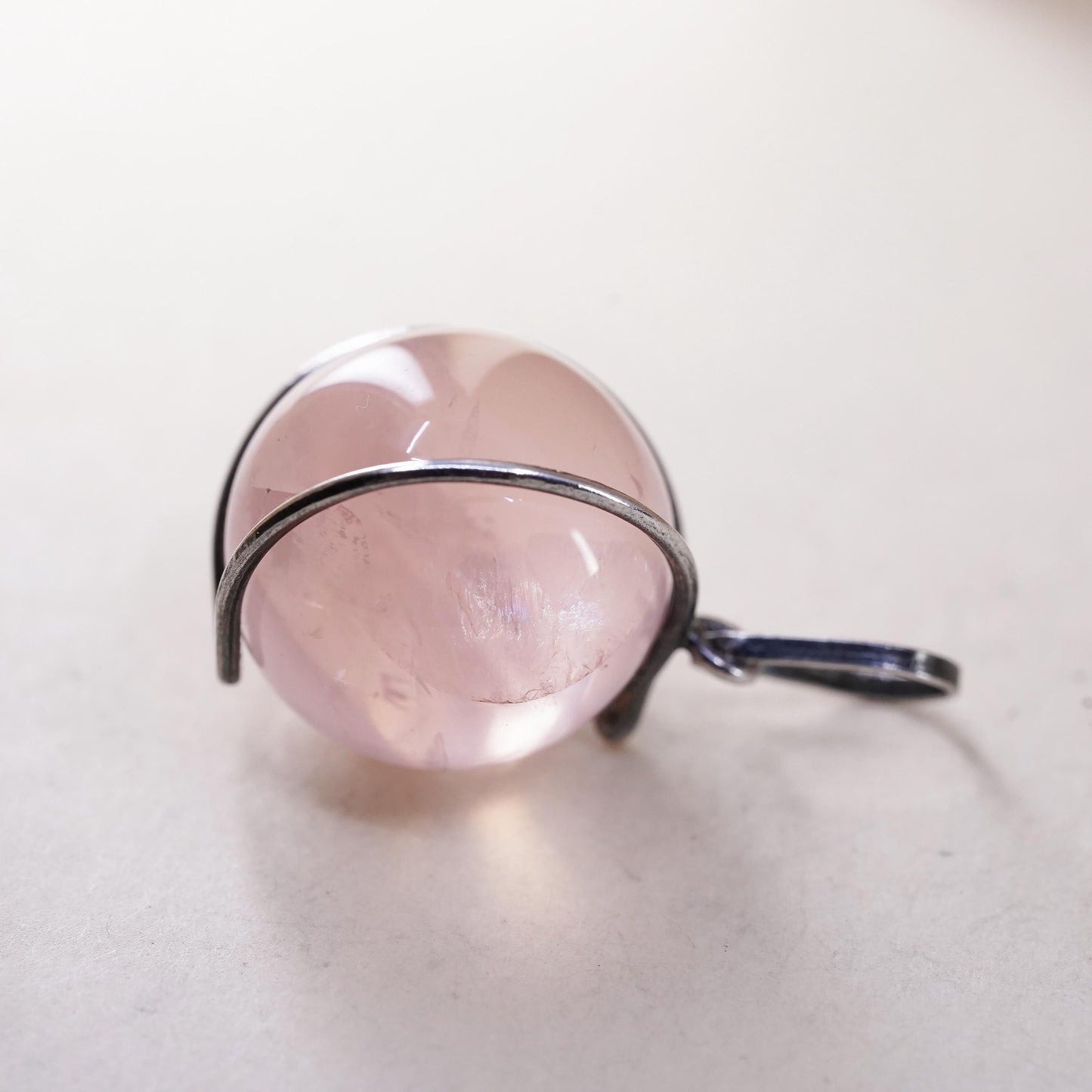 VTG handmade sterling silver charm, solid 925 silver pink quartz bead pendant
