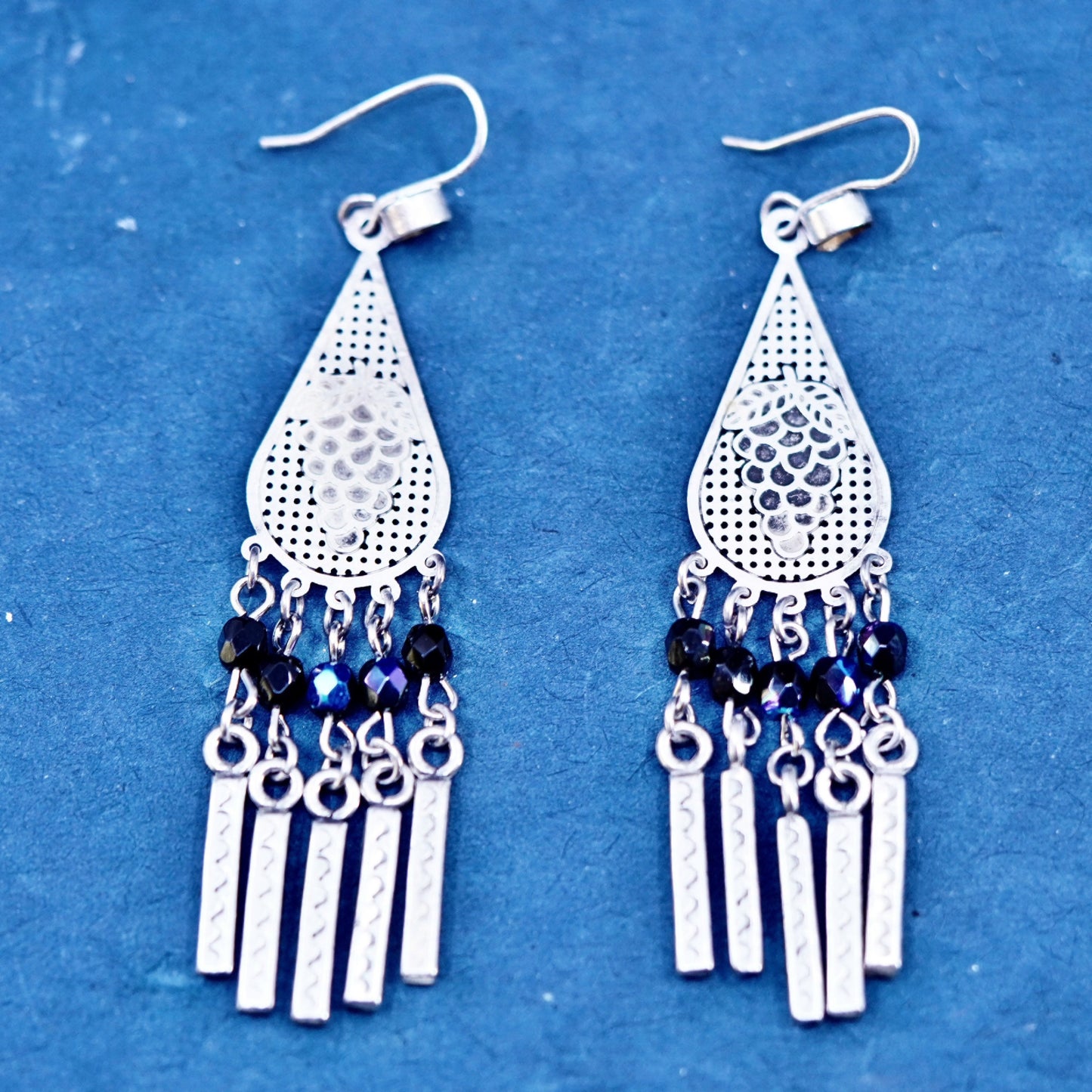 sterling silver handmade earrings, 925 teardrop engraved grapes fringe dangles