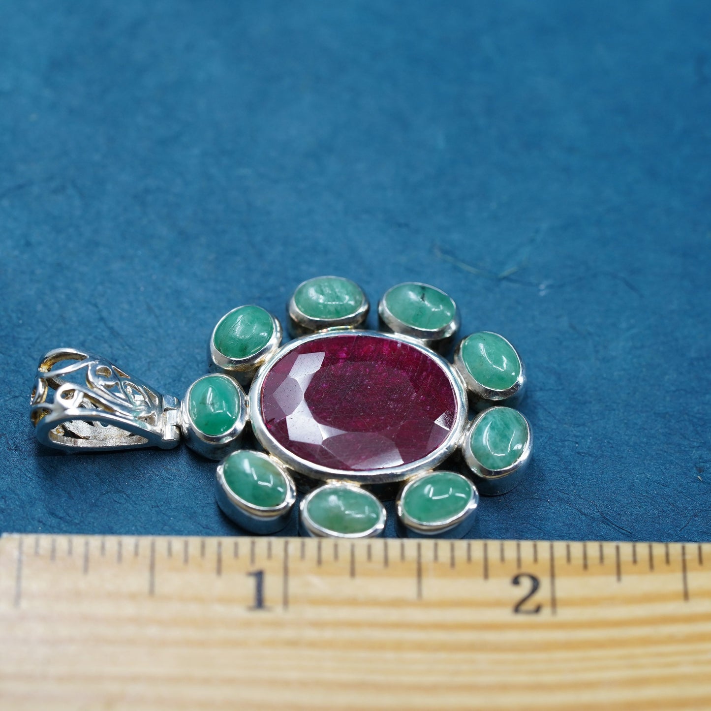 Vintage Sterling 925 silver handmade pendant with natural ruby and green jade