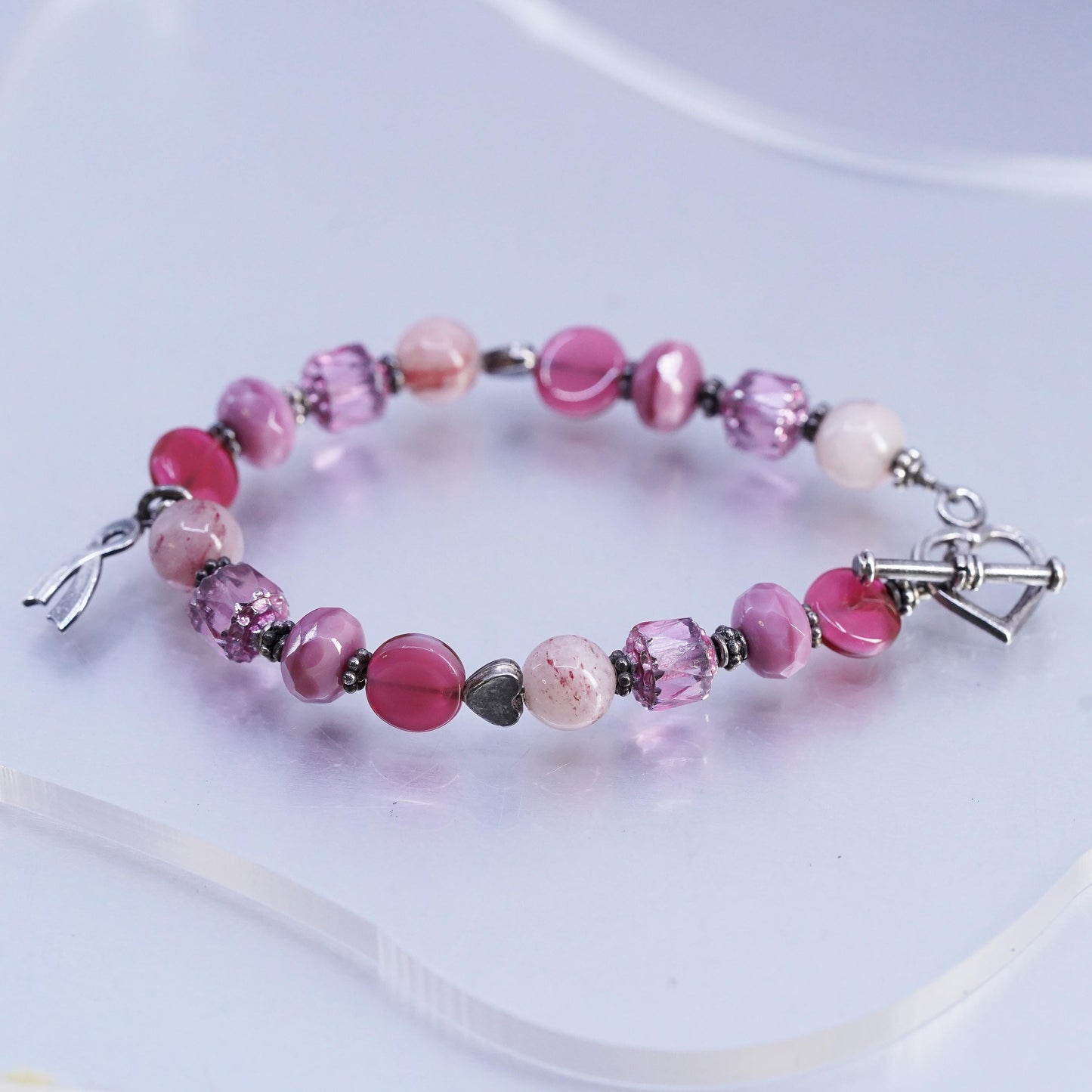 6.5", Sterling 925 Silver Bracelet pink Agate cure breast cancer ribbon charm
