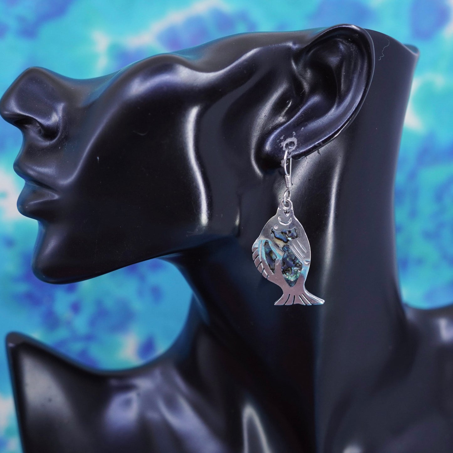 Vintage mexico Sterling silver handmade earrings, 925 fish with abalone inlay