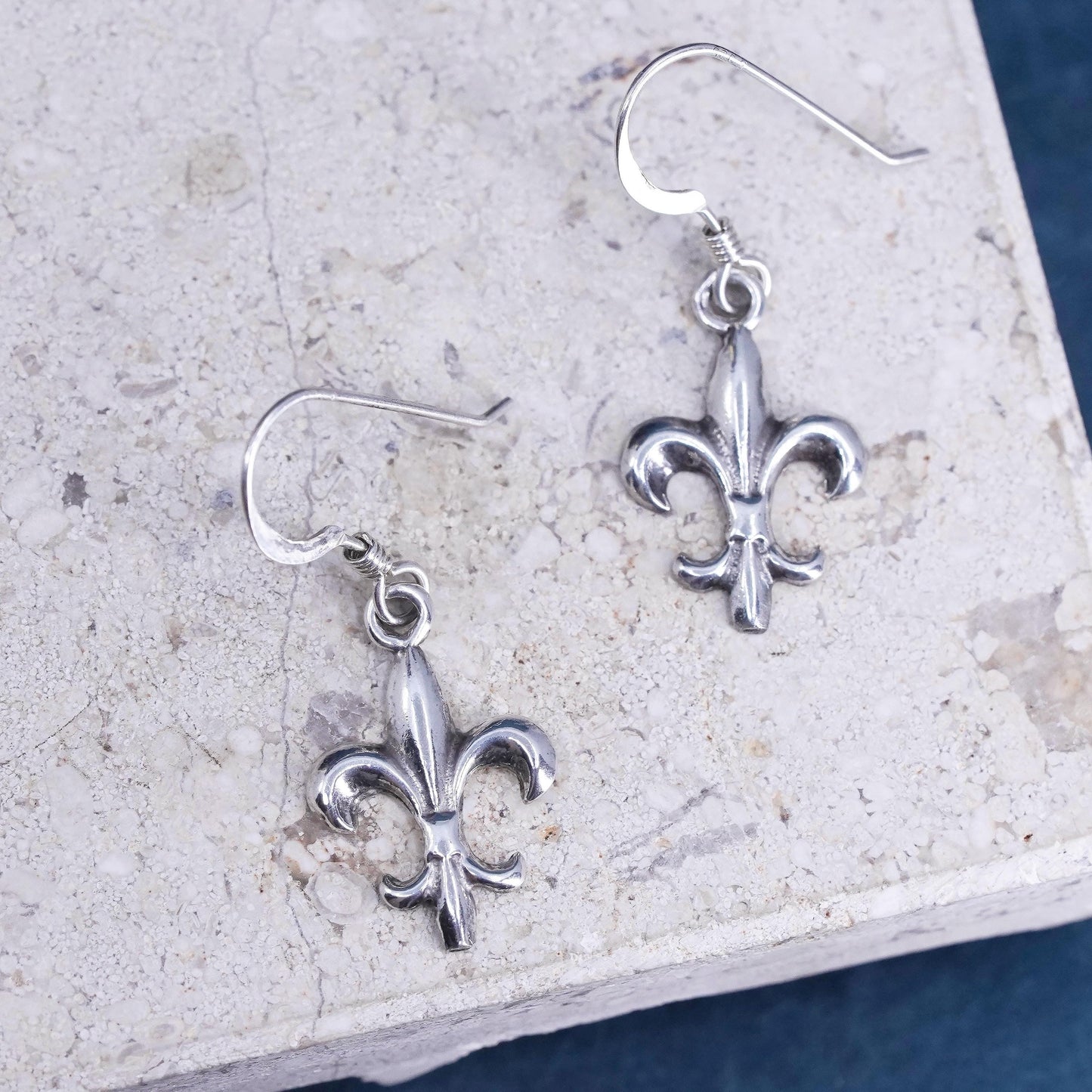 Vintage Sterling silver handmade earrings, 925 French fleur-de-lis drops